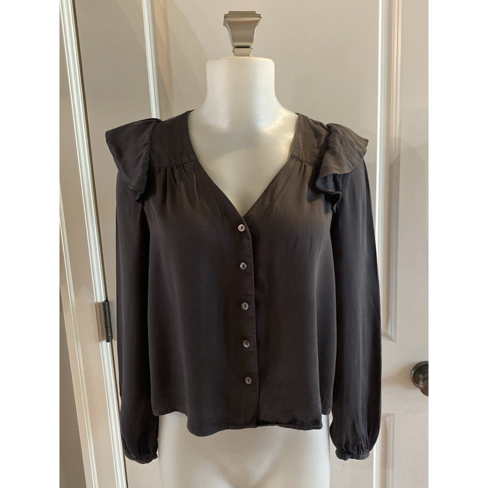 Marine Layer Women's Size XS Rory Long Sleeve Ruffle Charcoal Gray Blouse Button